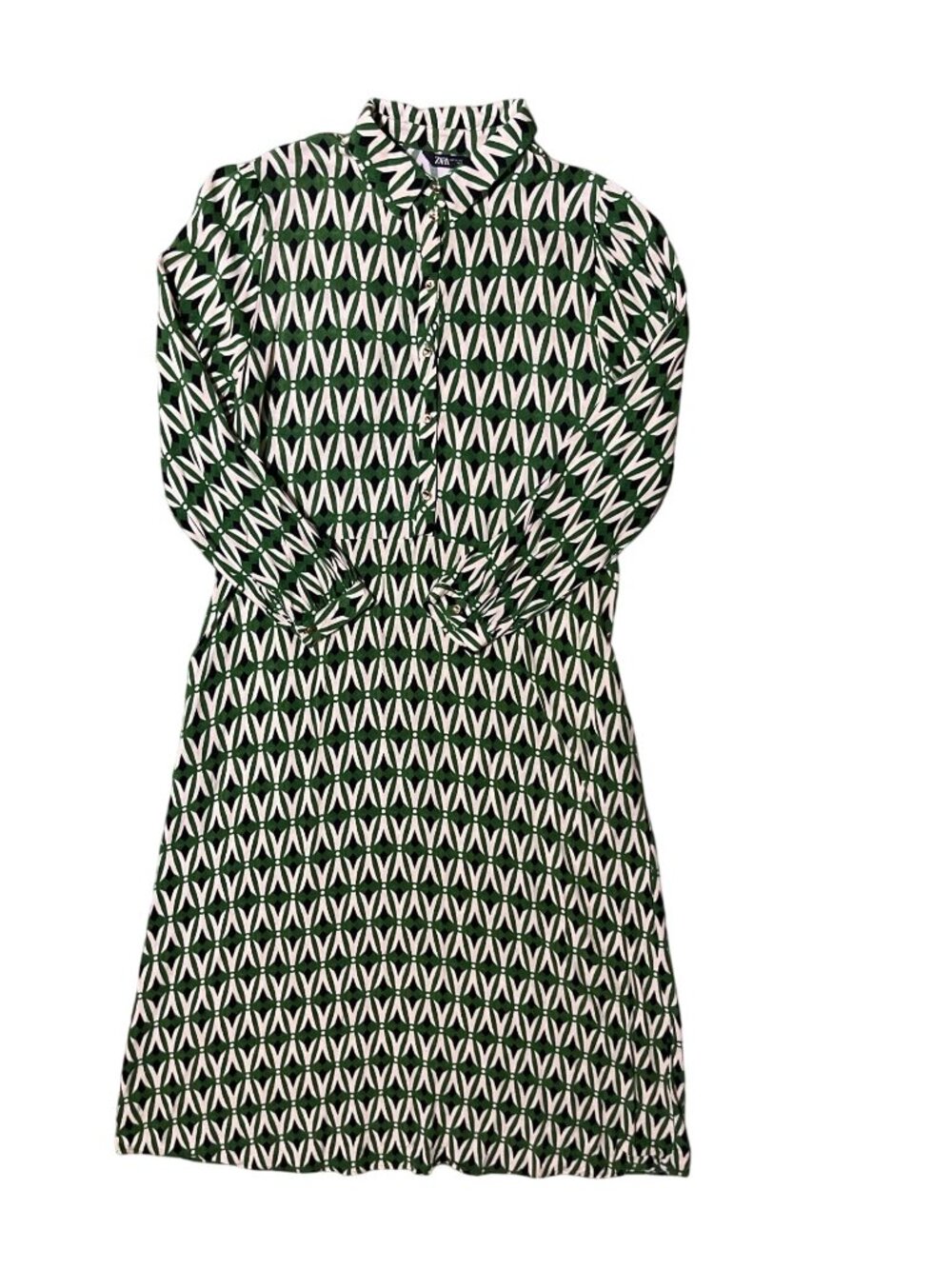 Zara Womens XL Green Navy Cream Geometric Print Midi Shirt Dress Button Used - Picture 3 of 11